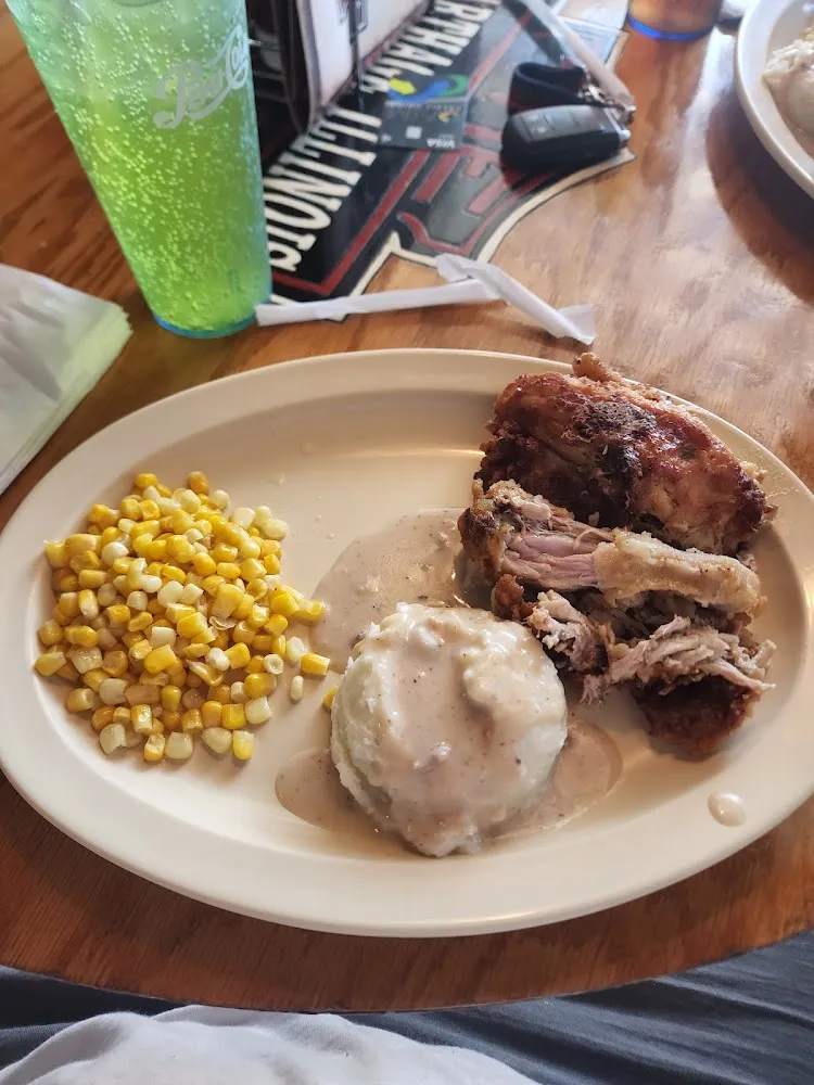 Fried Chicken Mashed Potatoes and Gravy and Corn